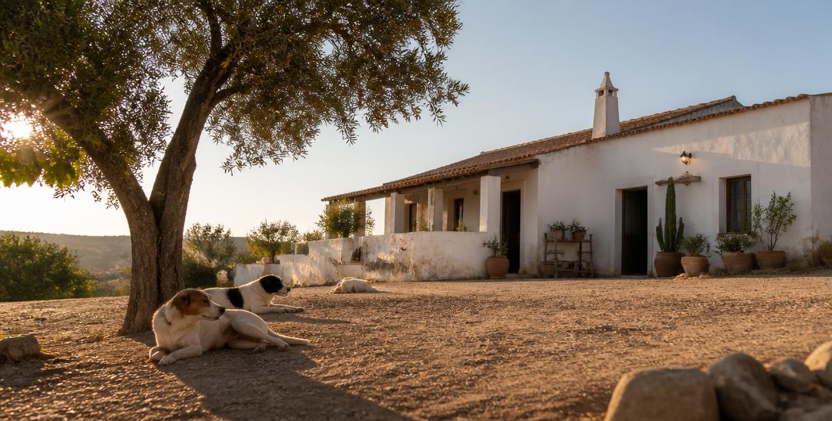 Der Lebenshof Esperanca in der Algarve mit Hunden unter einem Olivenbaum